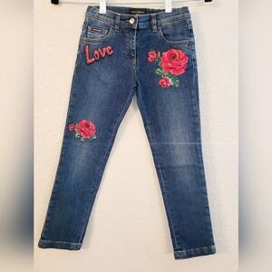 #029 Embroidered Blue Jeans with Red Rose Design